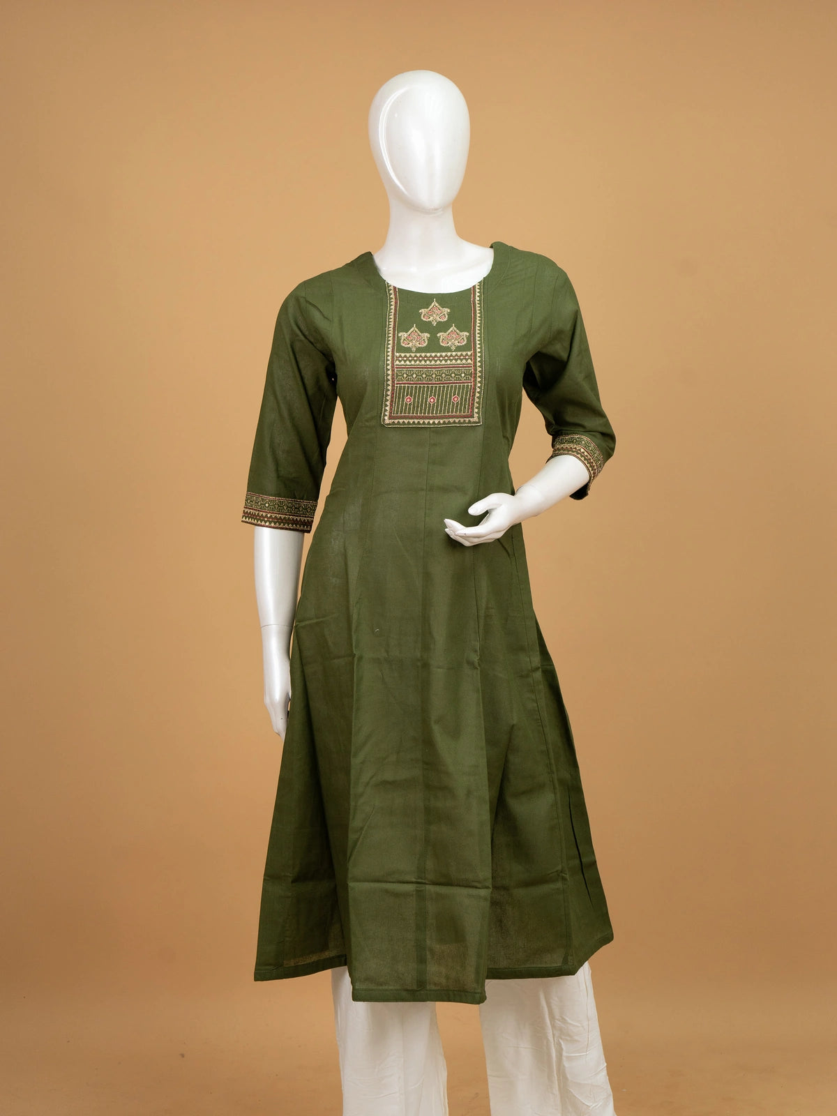 Olive green cotton embroidered anarkali kurti top with maroon and gold yoke work