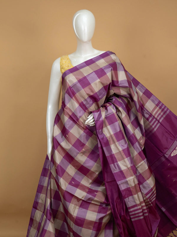 Purple and beige checked banana silk saree with gold zari pallu and magenta border