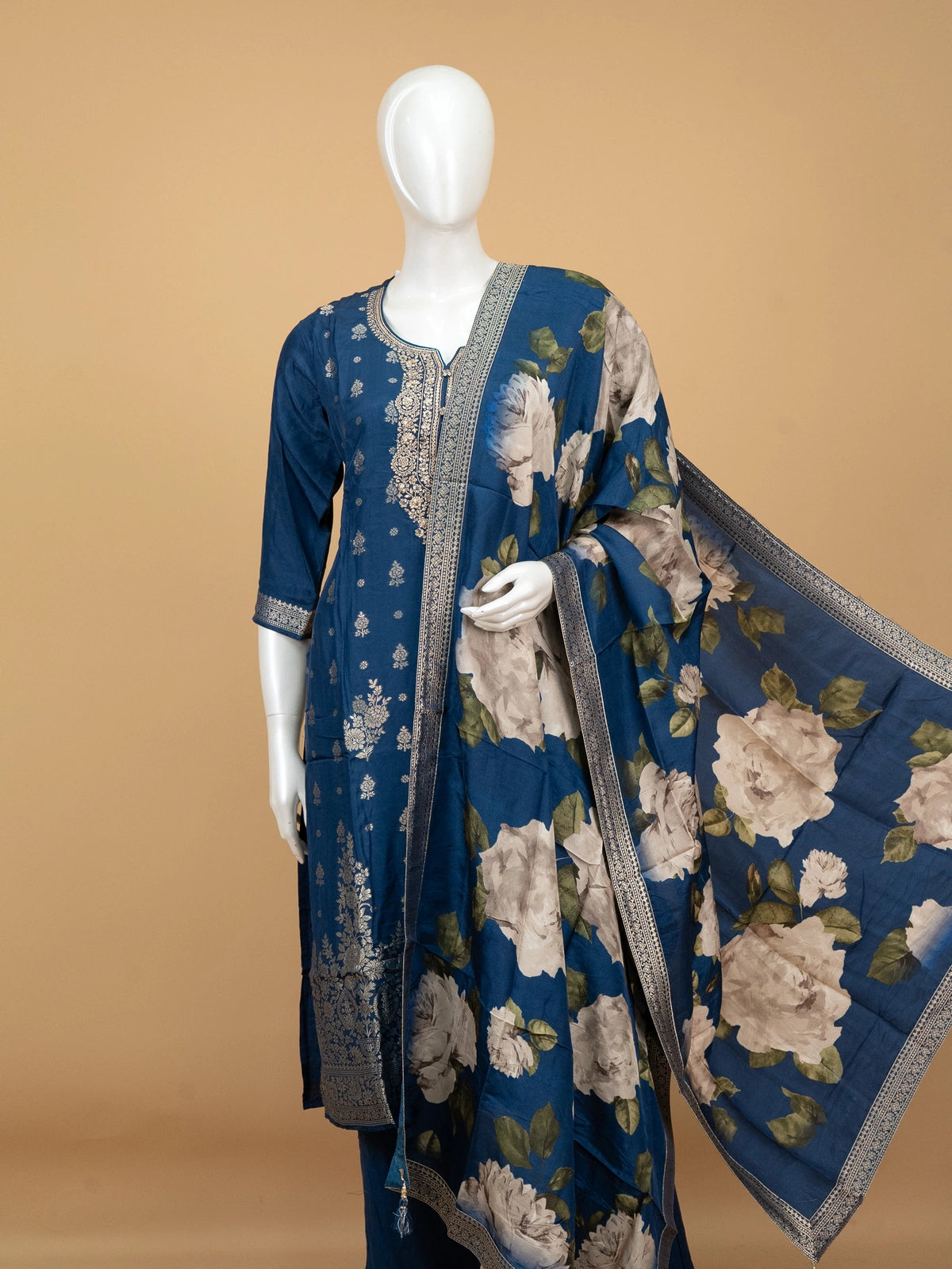 Peacock Blue Zari woven straight cut kurti set with embroidered neckline and floral printed dupatta