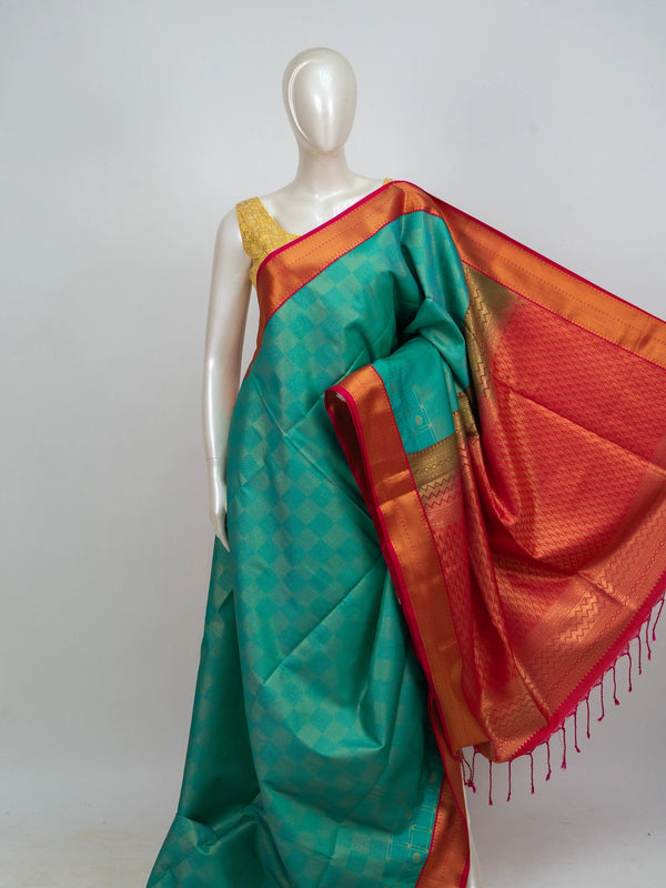 Teal green Kanchipuram Fancy Silk saree with gold zari checks and contrast red zari border and pallu