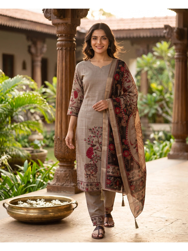 Beige Kalamkari printed kurti set with black figurative dupatta and straight pants