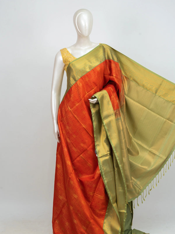 Orange Kanchipuram Fancy Silk saree with contrast green and gold zari border and pallu