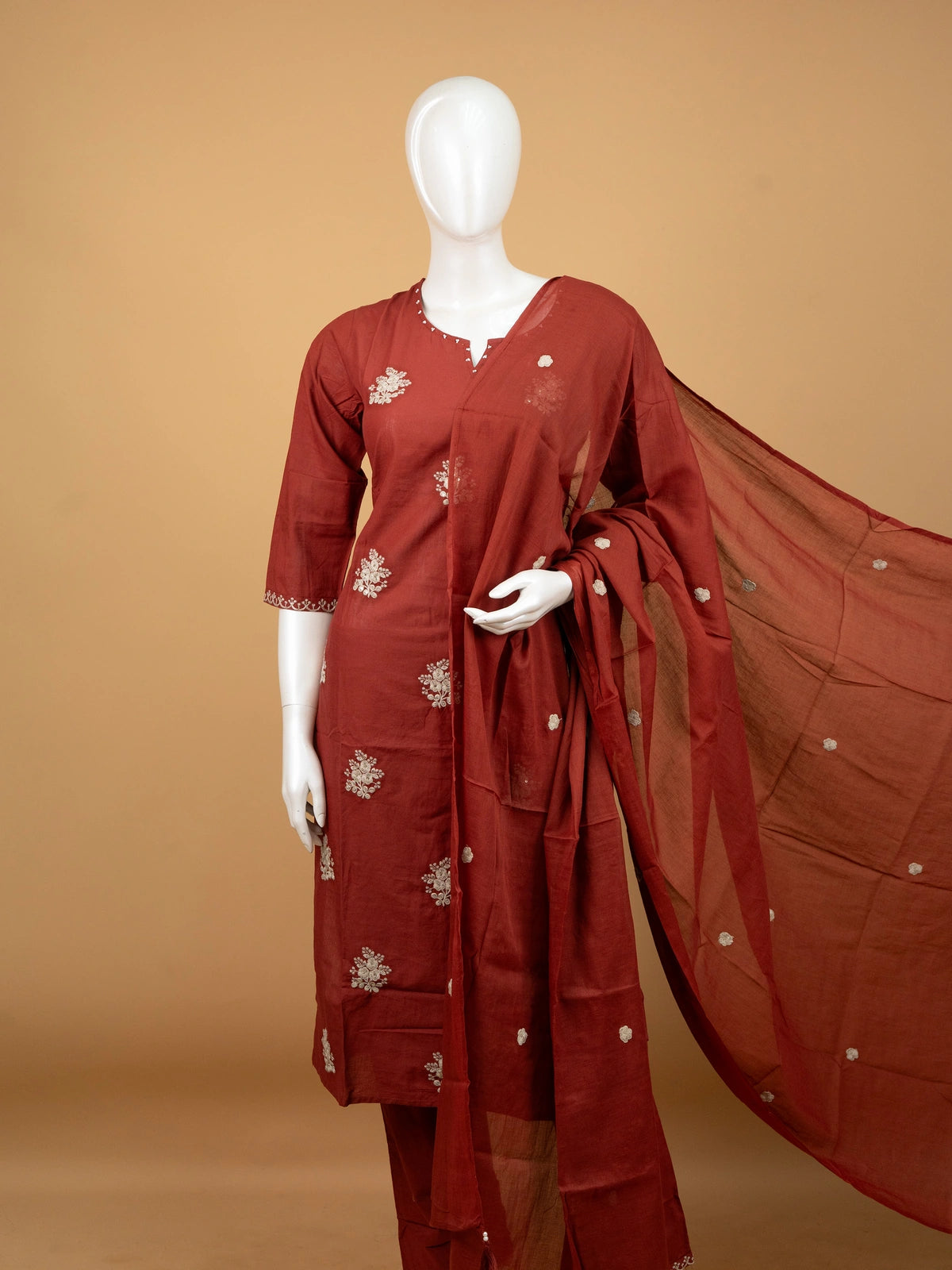 Rust Red Cotton Floral Embroidered Straight Cut Kurti Set with Dupatta