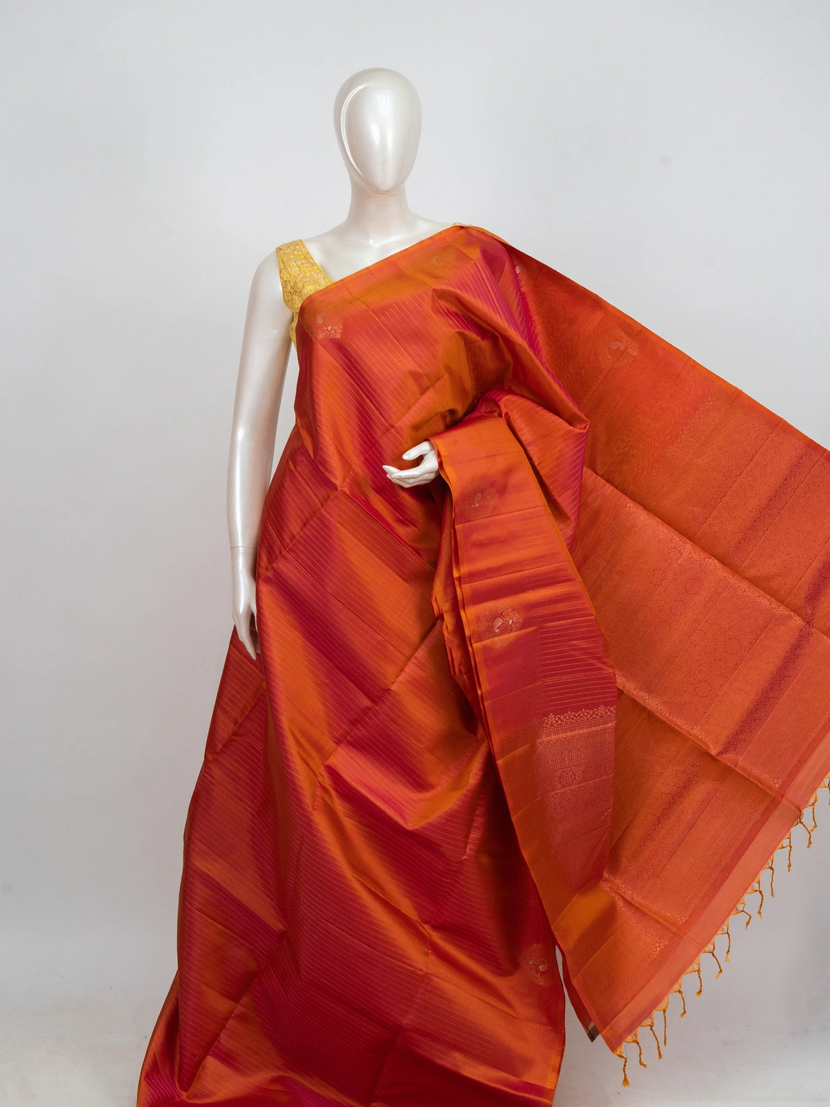 Orange and red pure soft silk saree with gold zari border and maroon-red pallu