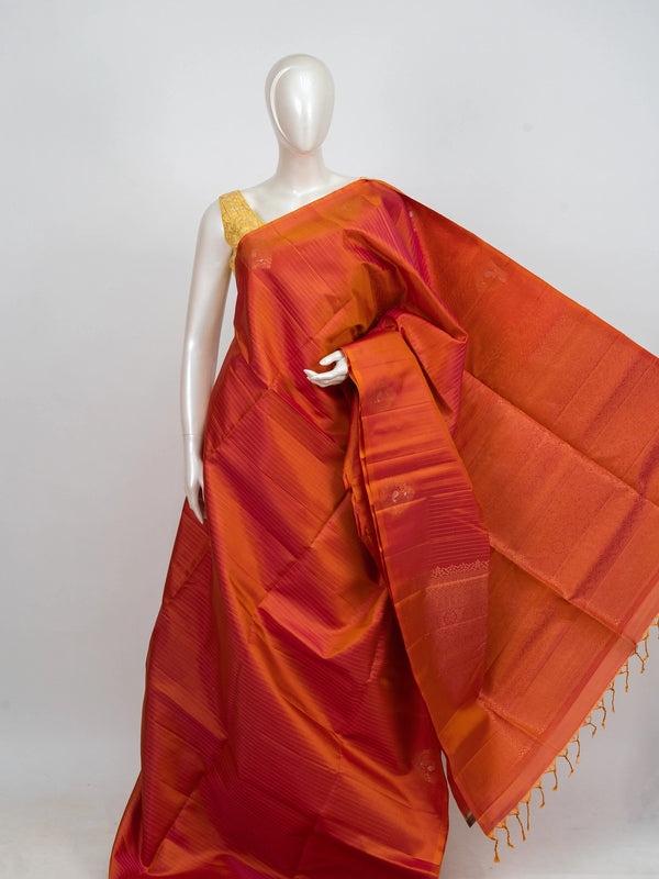 Orange and red pure soft silk saree with gold zari border and maroon-red pallu