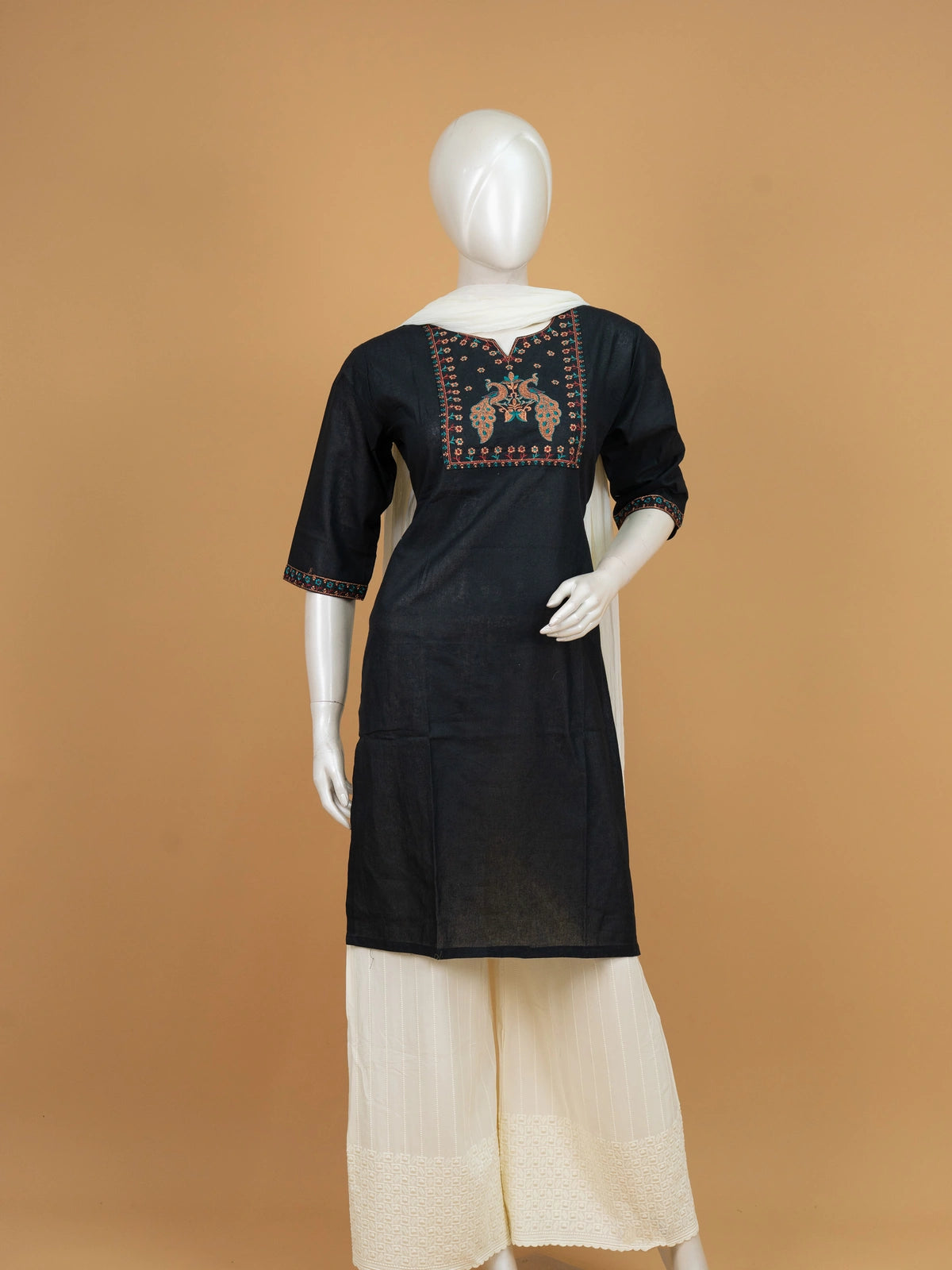 Black cotton Anarkali kurti top with multicolour peacock thread embroidery on the yoke and 3/4th sleeves