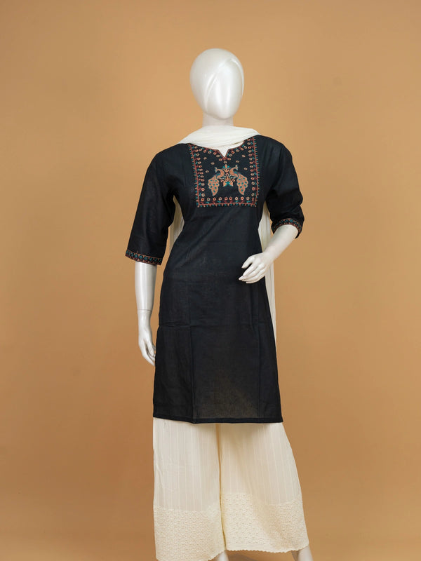 Black cotton Anarkali kurti top with multicolour peacock thread embroidery on the yoke and 3/4th sleeves