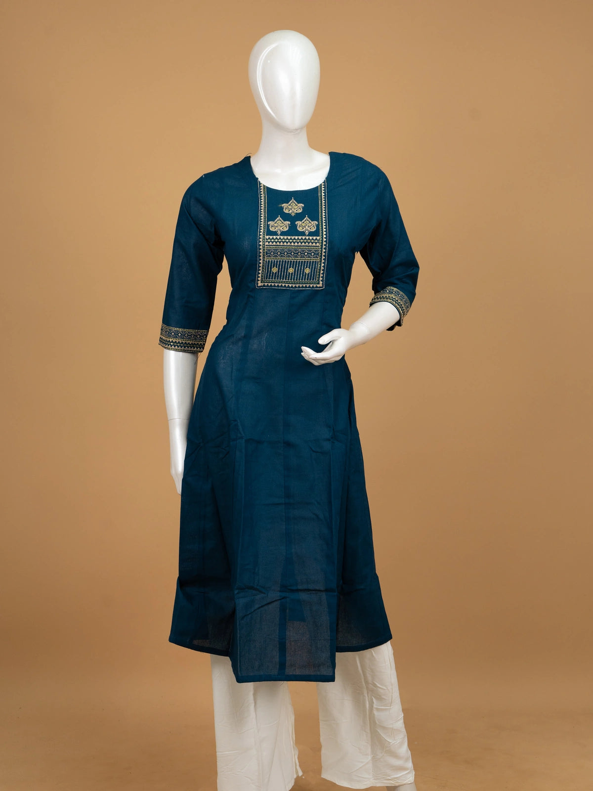 Teal Blue Cotton Embroidered Anarkali Kurti with gold and green zari yoke work
