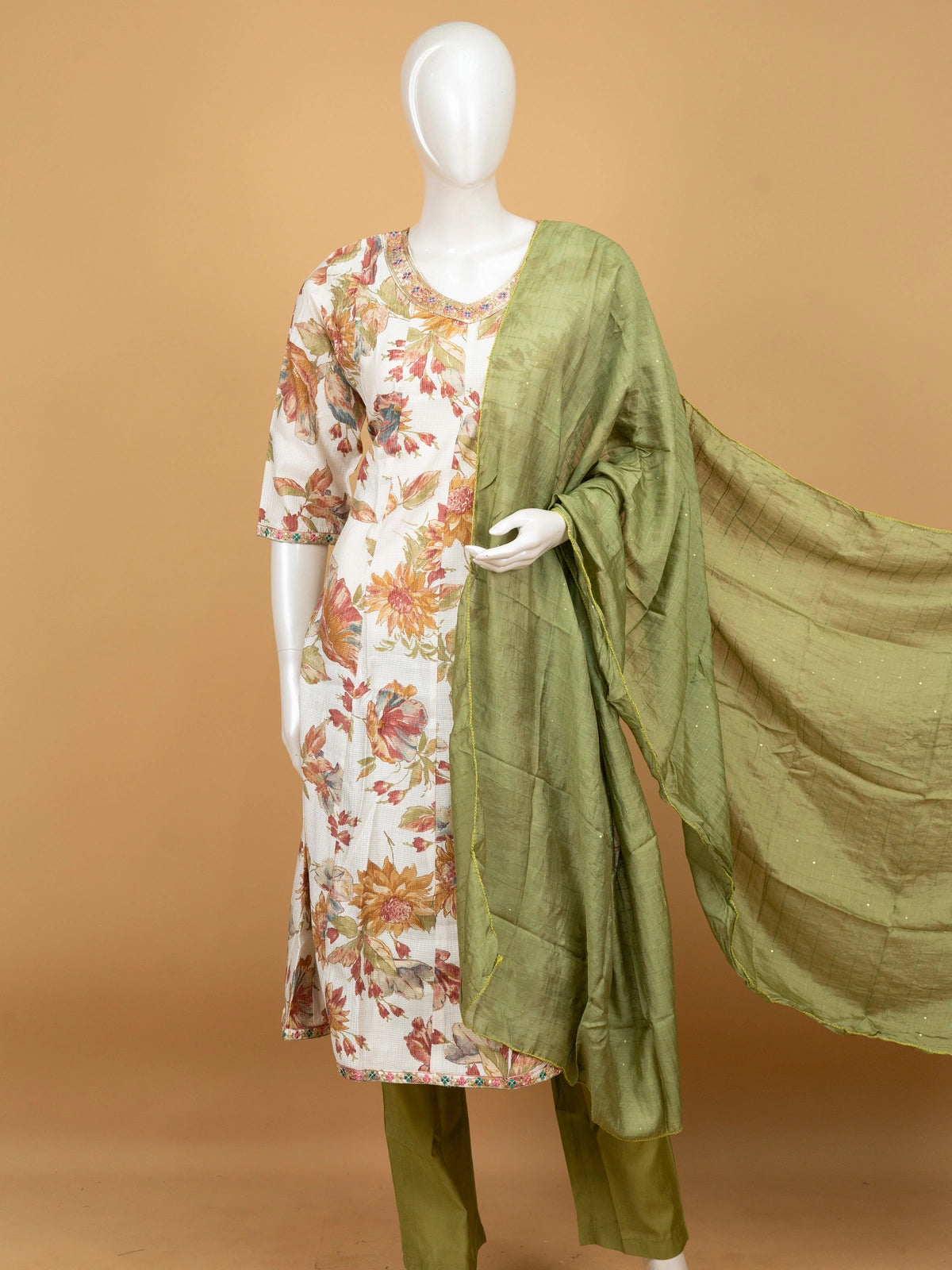 Cream floral printed cotton A-Line kurti set with embroidered neckline and green dupatta