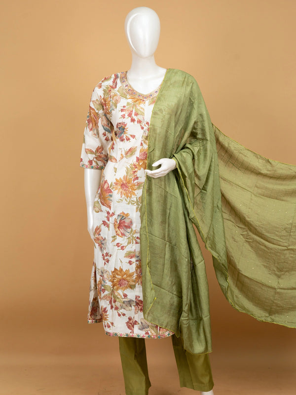Cream floral printed cotton A-Line kurti set with embroidered neckline and green dupatta