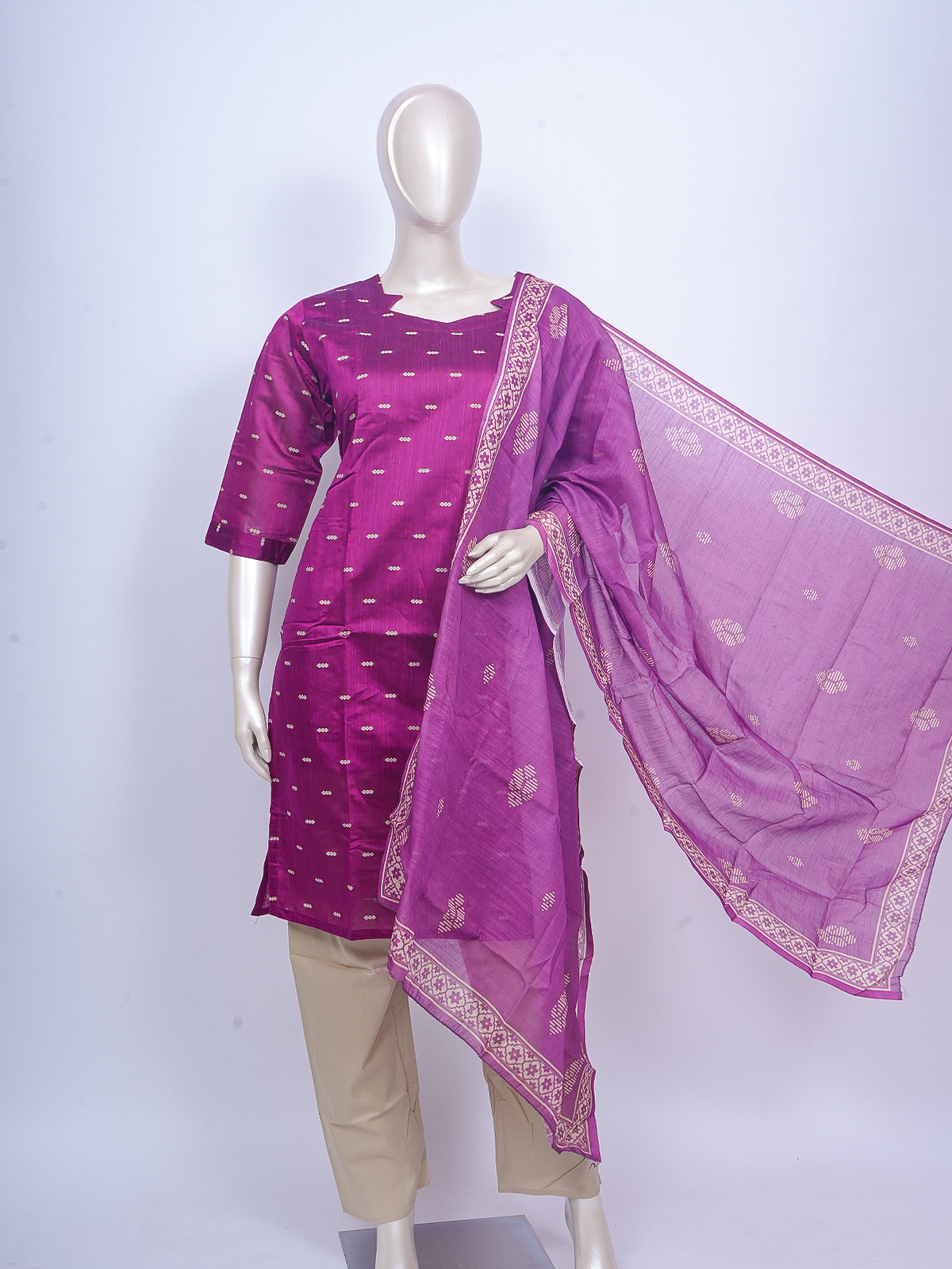 Magenta woven buti art silk ready made kurti set with matching dupatta and beige straight pants