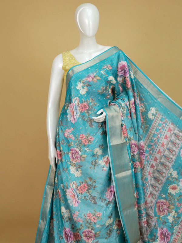 Turquoise blue floral designer saree with gold zari checks and contrast gold border