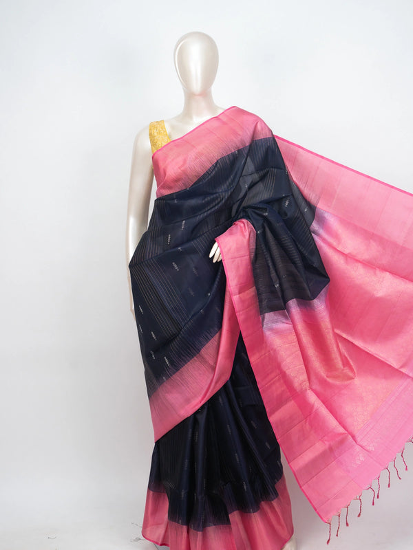 Navy blue soft silk saree with contrast pink zari border and pallu