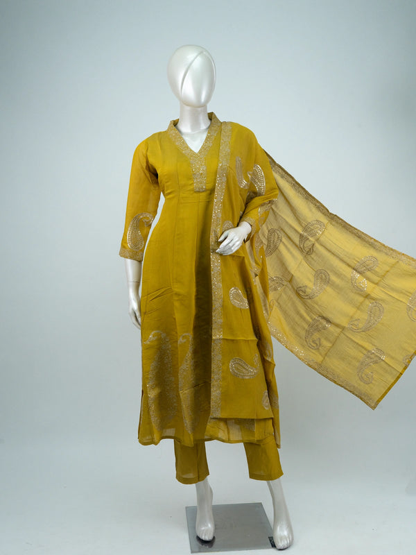 Mustard Yellow Chanderi Silk paisley embroidered Anarkali kurti set with dupatta