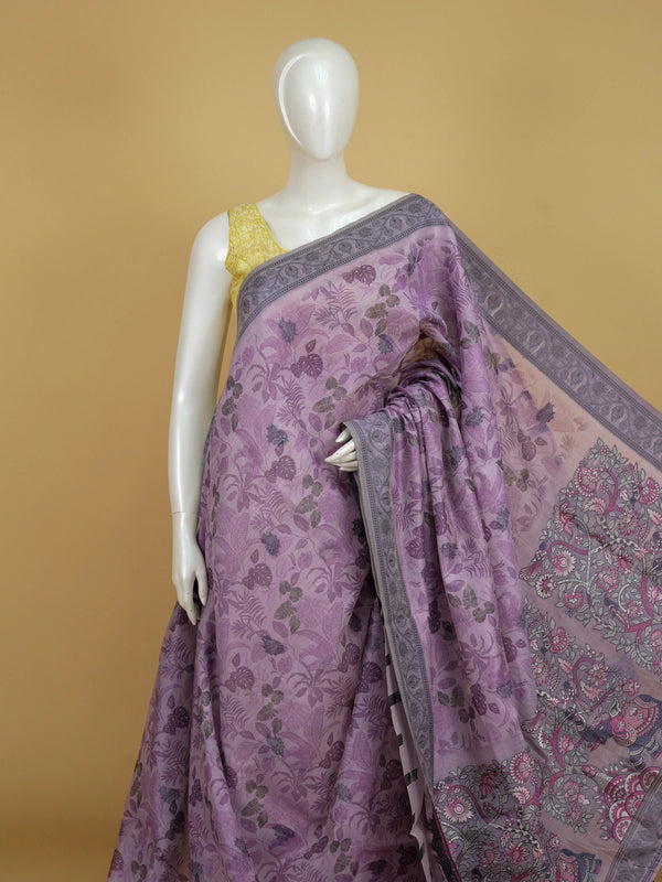 Lavender and grey Linen Cotton saree with tropical floral print and kalamkari elephant pallu
