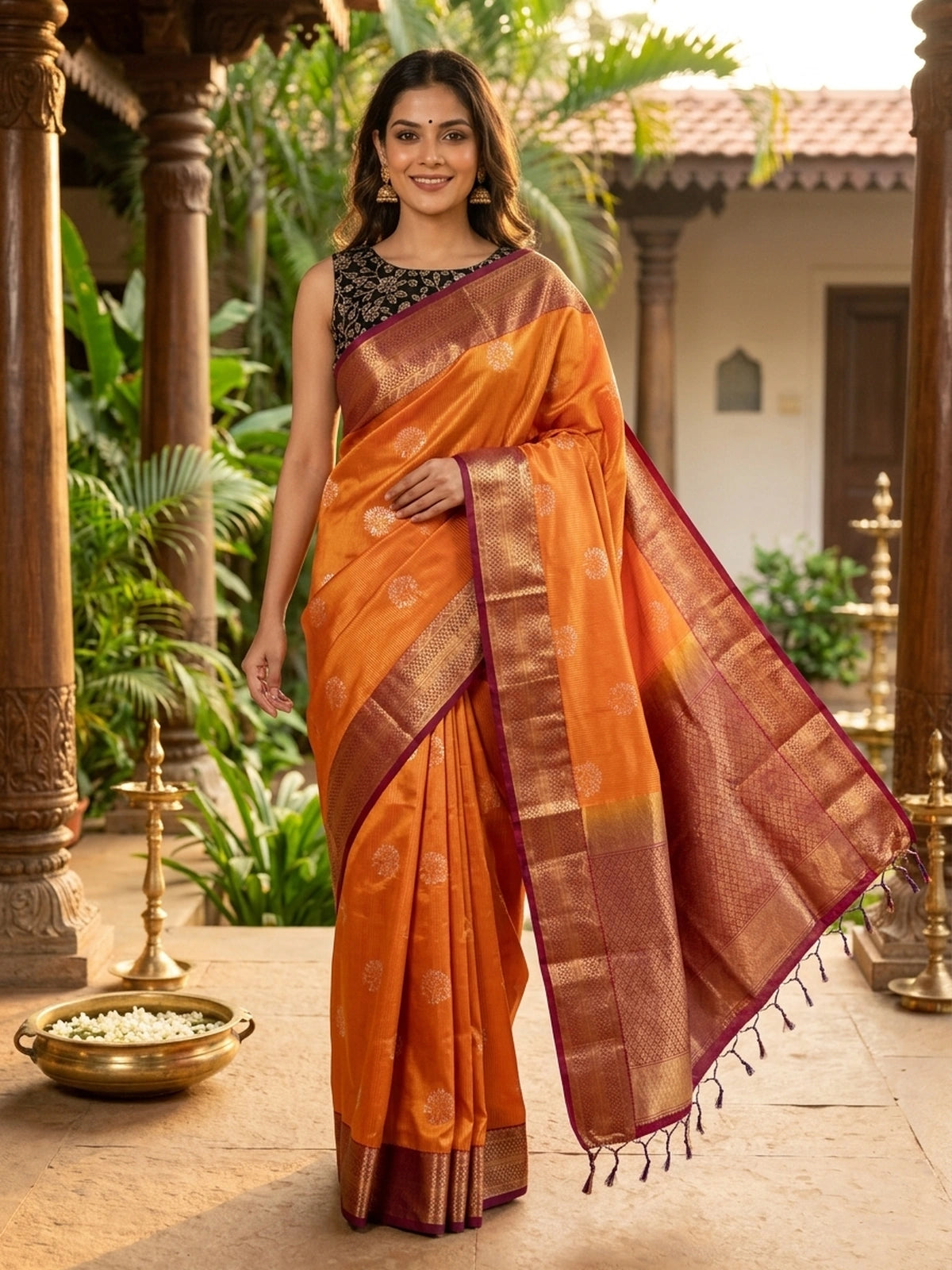 Orange soft silk saree with contrast magenta and gold zari border, woven butta motifs, and black embroidered blouse