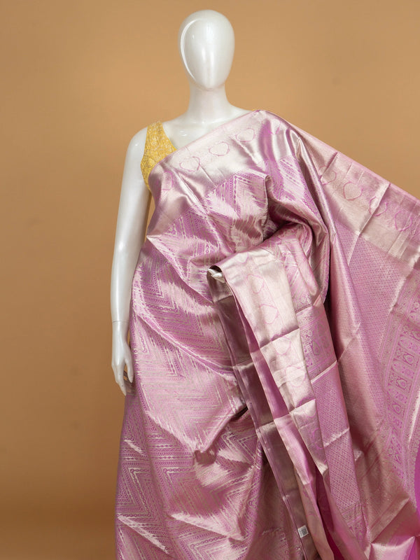 Mauve pink pure Kanchipuram silk saree with silver zari chevron weave and contrast border