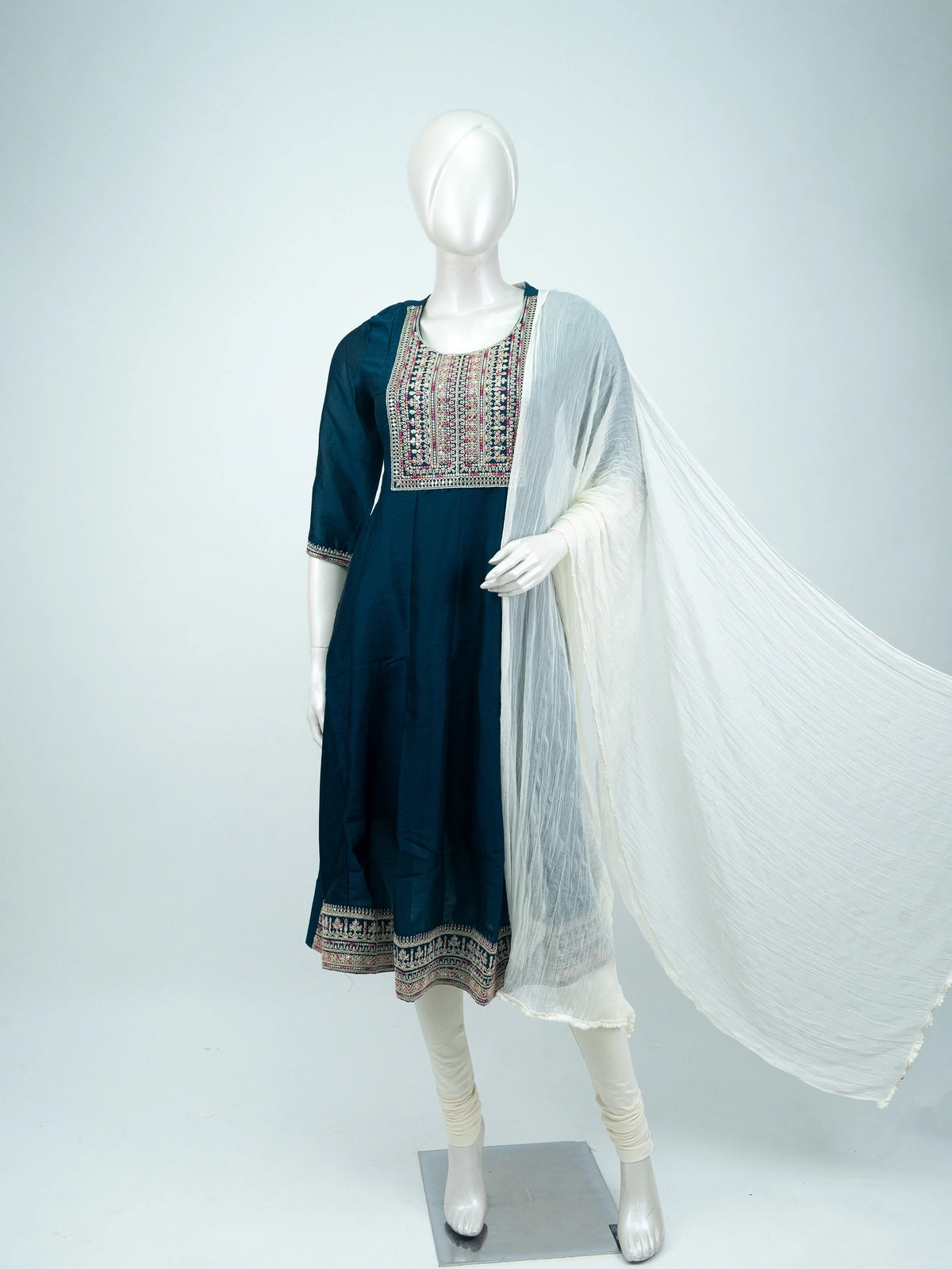 Teal Blue Embroidered Art Silk Anarkali Kurti Top with multicolour zari yoke