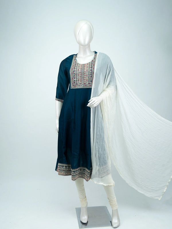 Teal Blue Embroidered Art Silk Anarkali Kurti Top with multicolour zari yoke
