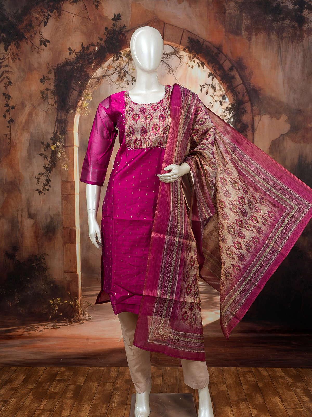 Magenta art silk kurti set with ikat-print yoke, zari booties, and matching printed dupatta