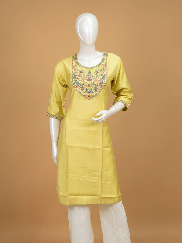 Lemon yellow cotton silk straight cut kurti top with pink and green embroidered floral yoke