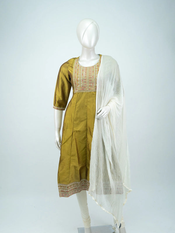 Mehendi Green art silk embroidered Anarkali kurti top with multicolour Zari yoke work