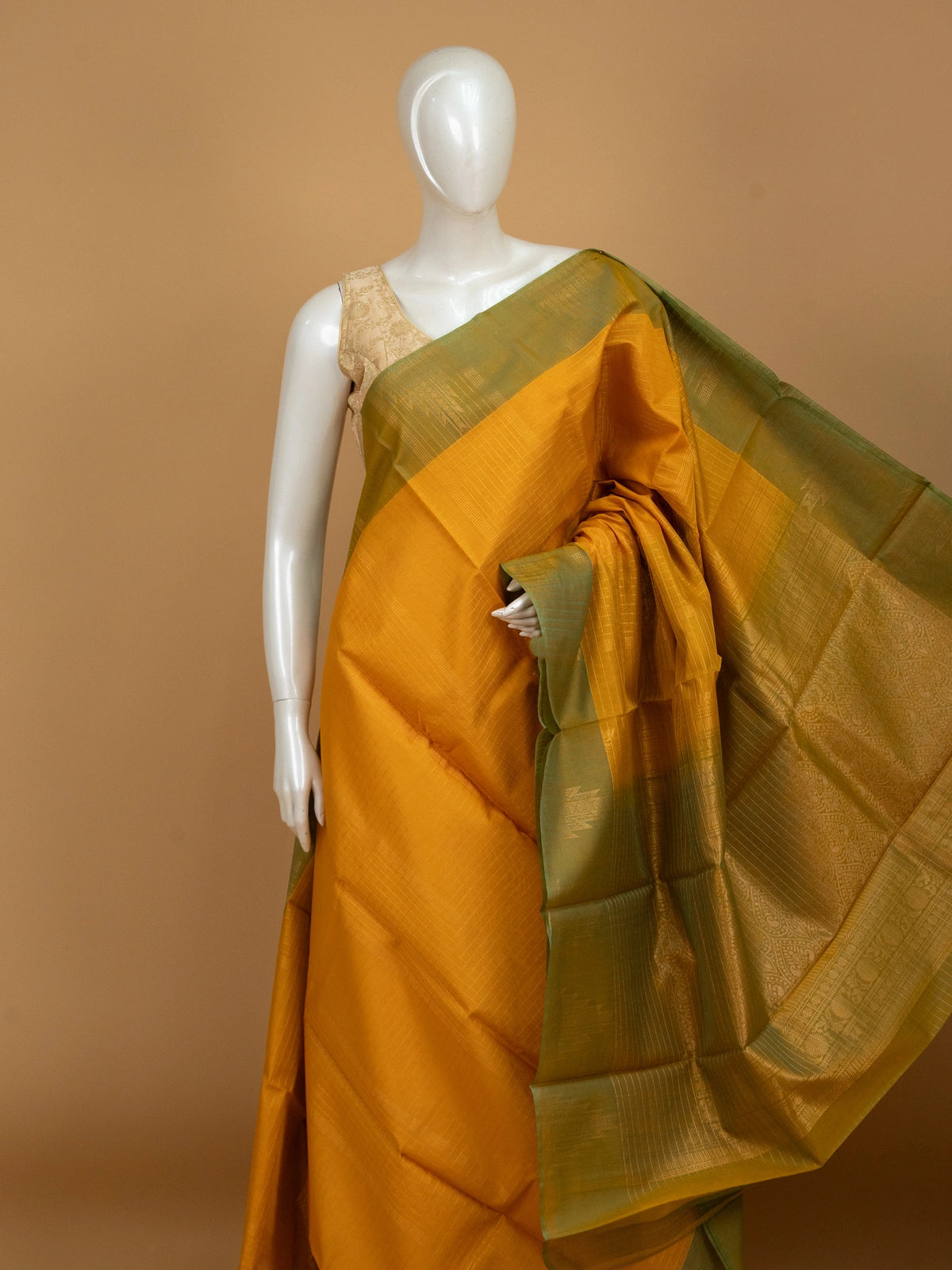 Mustard yellow pure silk cotton saree with olive green contrast zari border and golden pallu