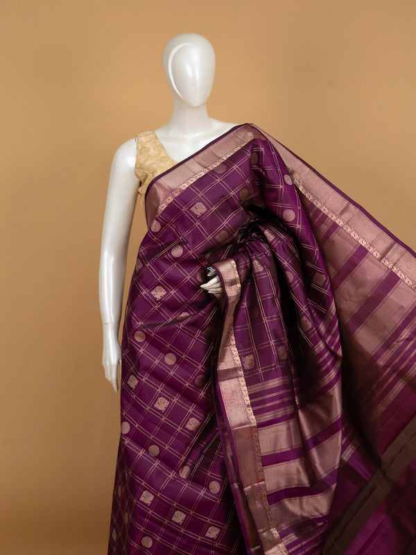 Wine purple pure Kanchipuram silk saree with gold zari checks, woven buttas and contrast zari border