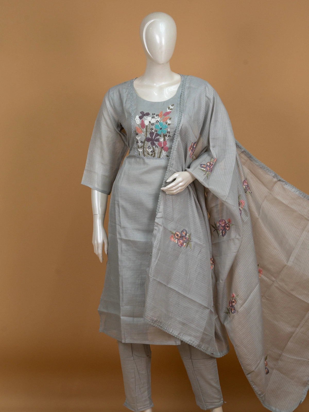 Grey floral beadwork Kota straight cut kurti set with pants and embroidered dupatta