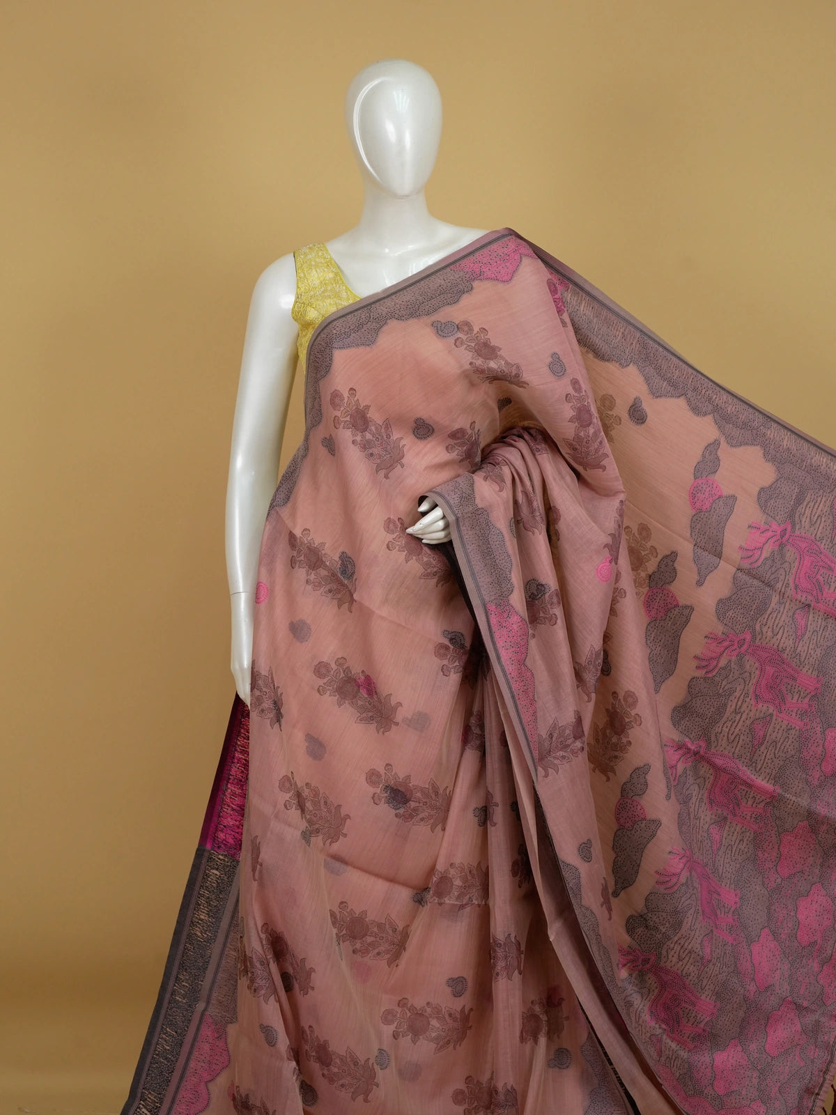 Dusty pink linen cotton saree with grey border, floral buttas and pink deer motif pallu