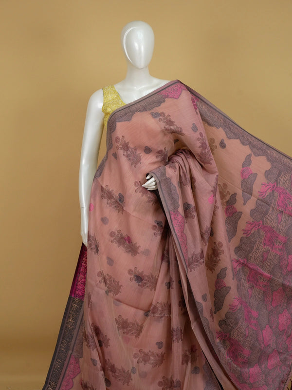 Dusty pink linen cotton saree with grey border, floral buttas and pink deer motif pallu