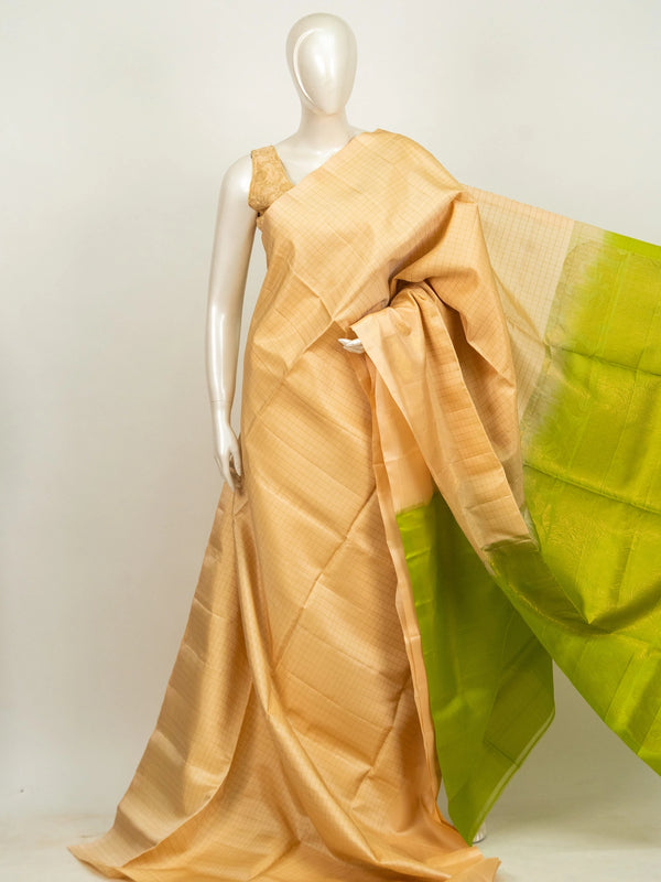Cream Kanchipuram pure mix saree with gold zari checks and contrast lime green zari pallu and border