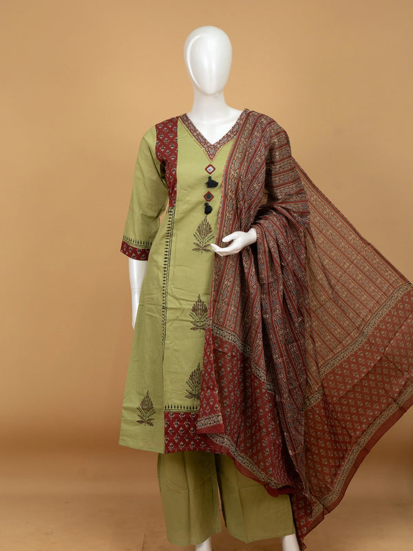 Olive green cotton Ajrakh print straight cut kurti set with mirror work and maroon dupatta