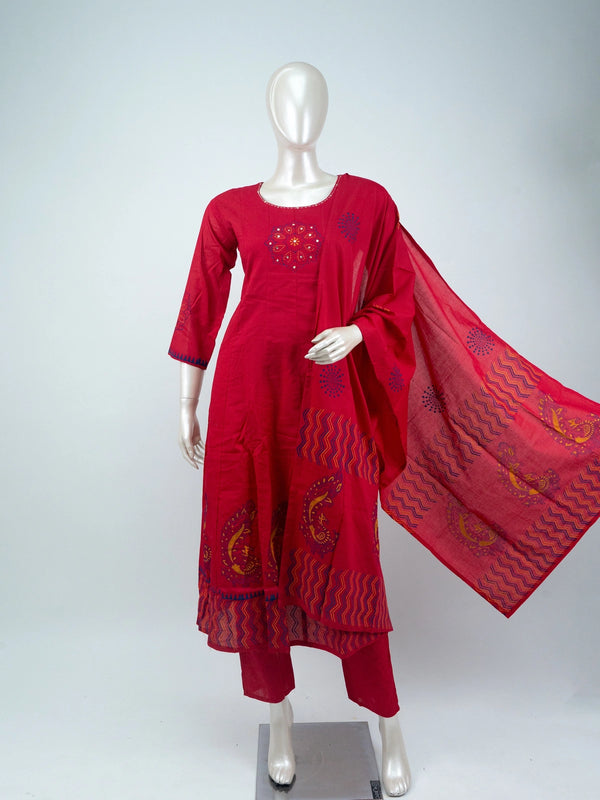 Red cotton mirror work embroidered Anarkali kurti set with printed dupatta and straight pants