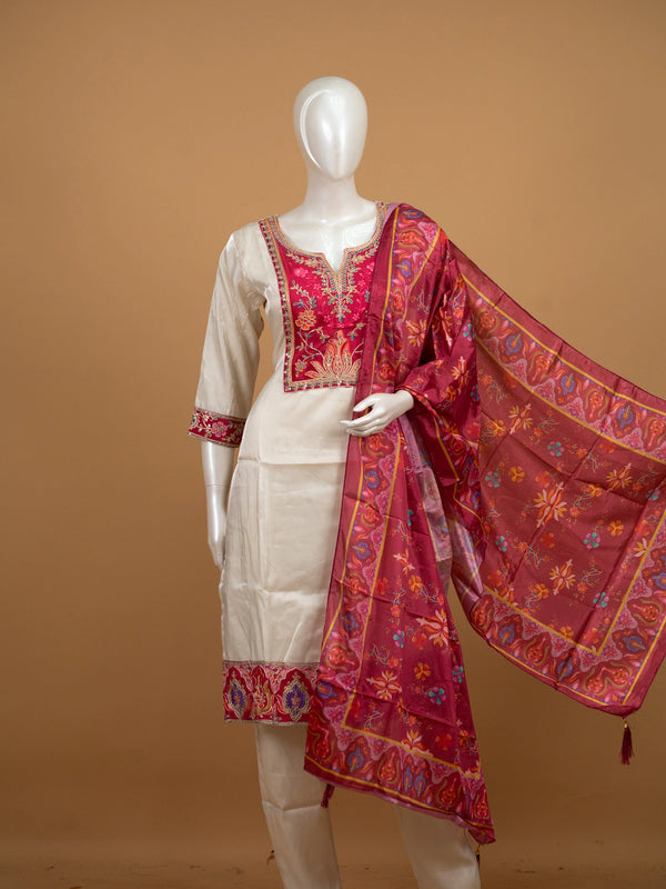 Cream art silk straight cut kurti set with pink embroidered yoke and maroon floral printed dupatta