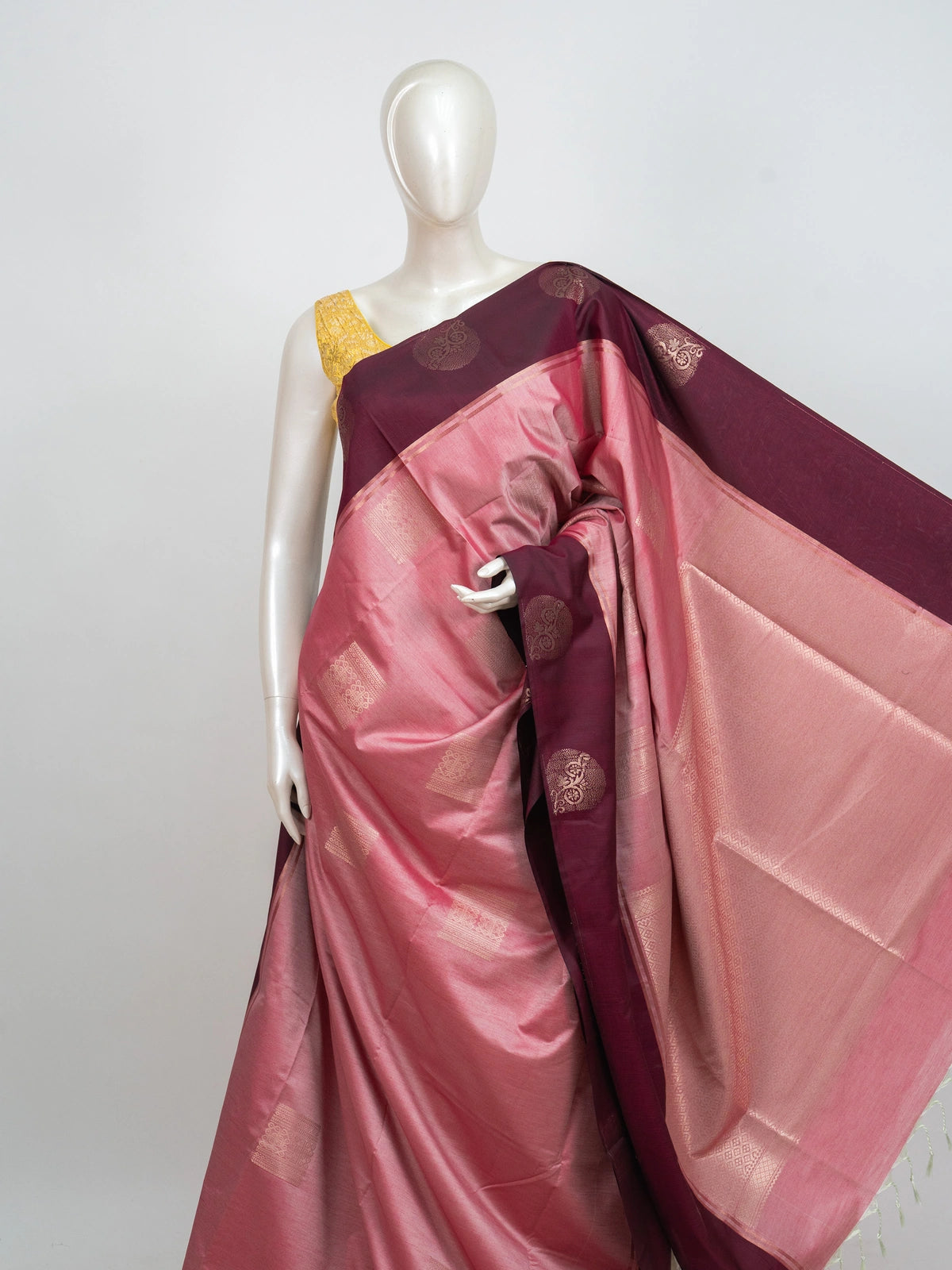 Pink Kanchipuram fancy silk saree with wine contrast border and gold zari buttas