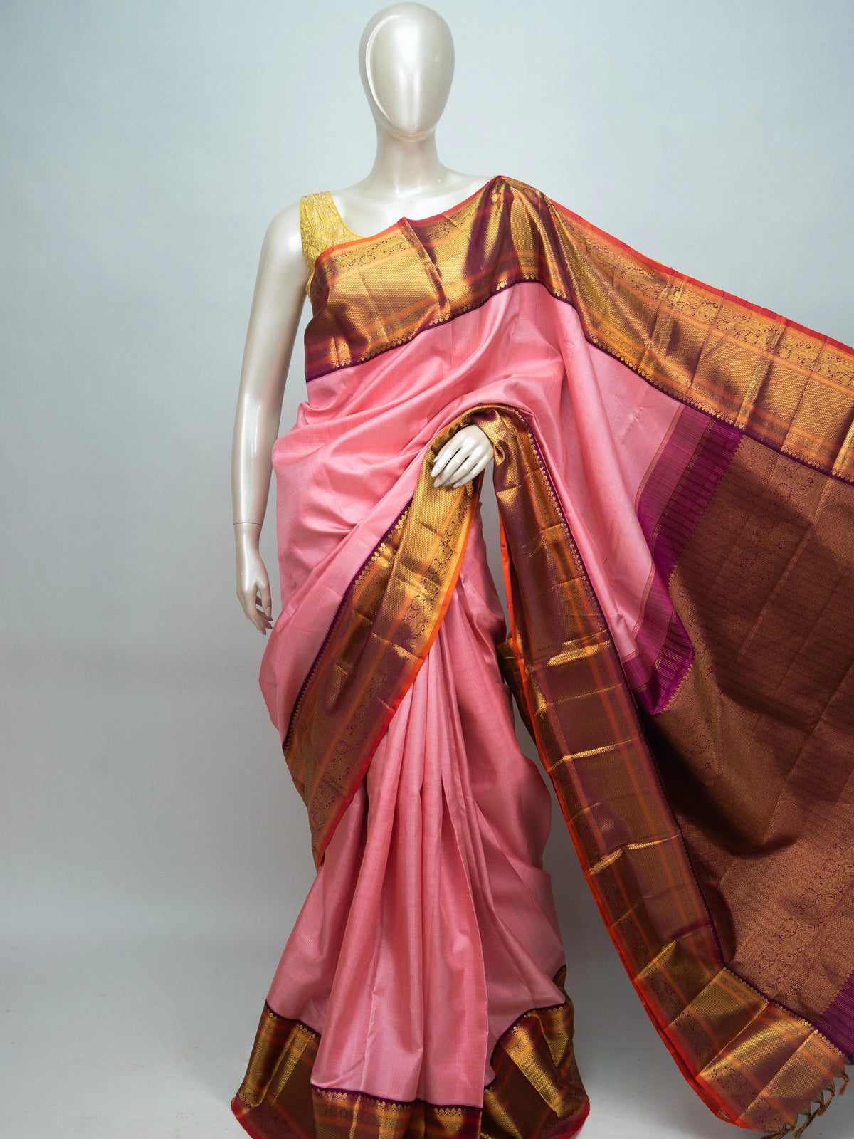 Pink and maroon pure Kanchipuram silk saree with gold zari contrast border and pallu