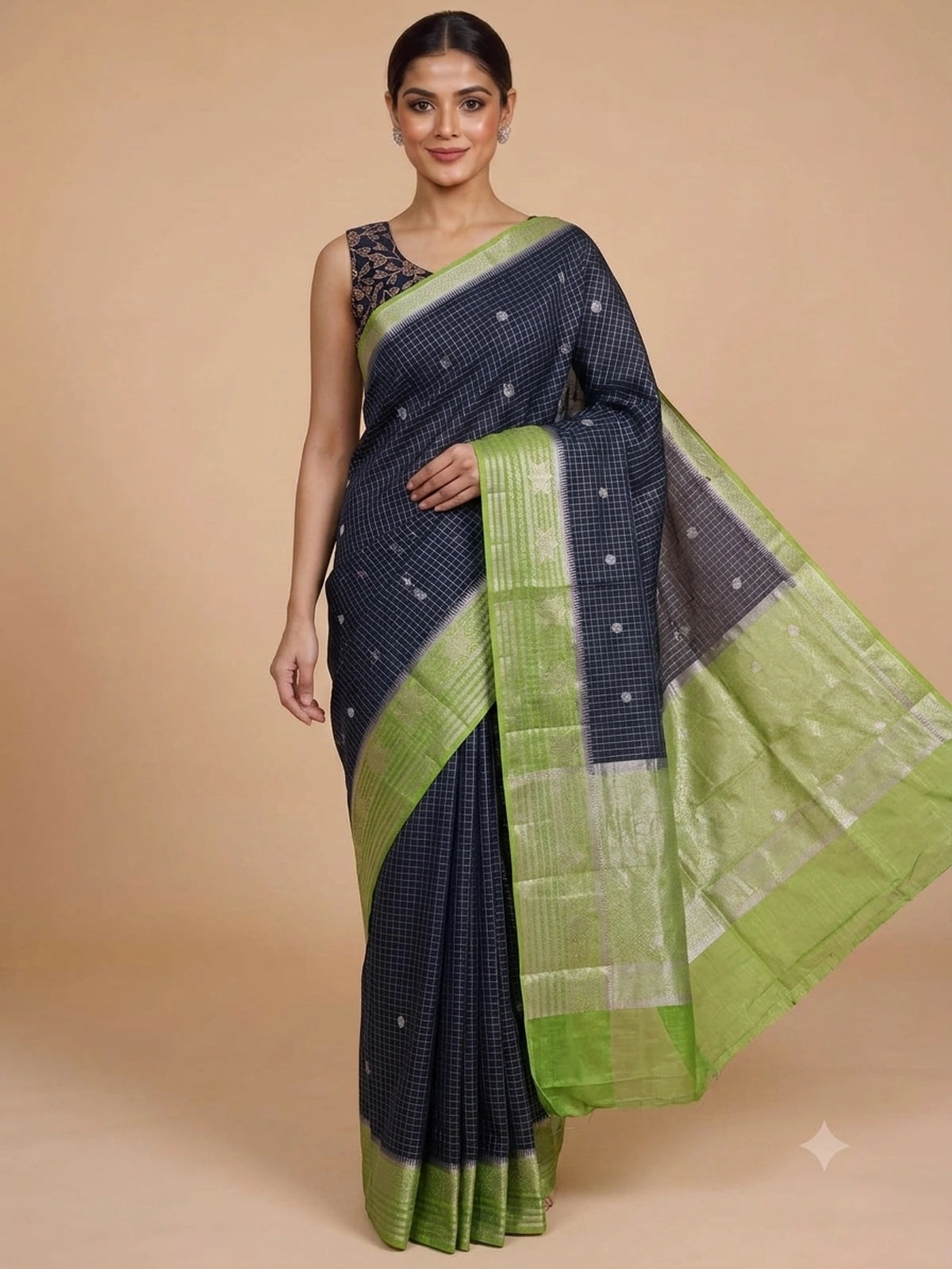 Navy Blue and Lime Green Semi Raw Silk Saree
