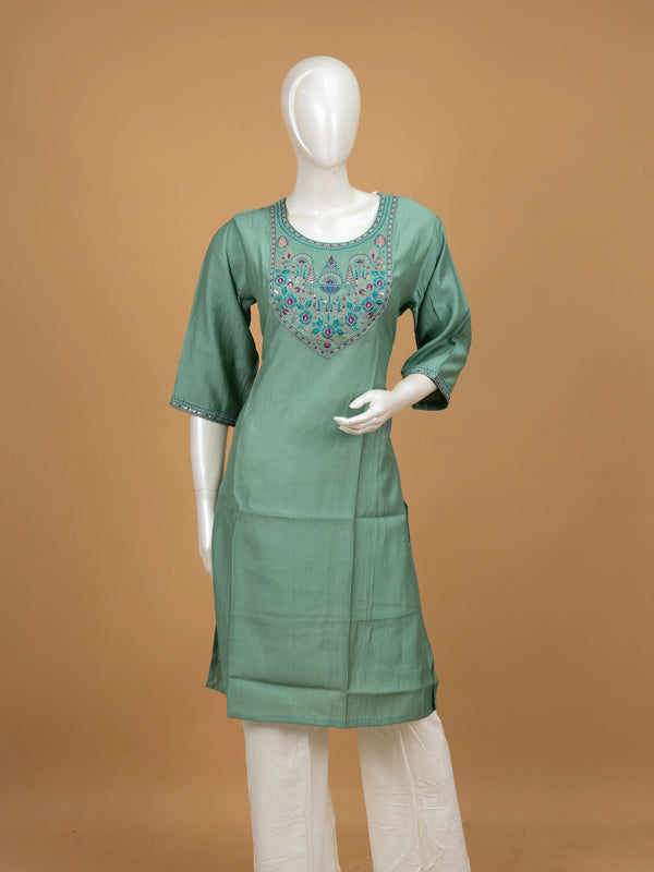 Sea Green embroidered yoke straight cut kurti top with 3/4th sleeves