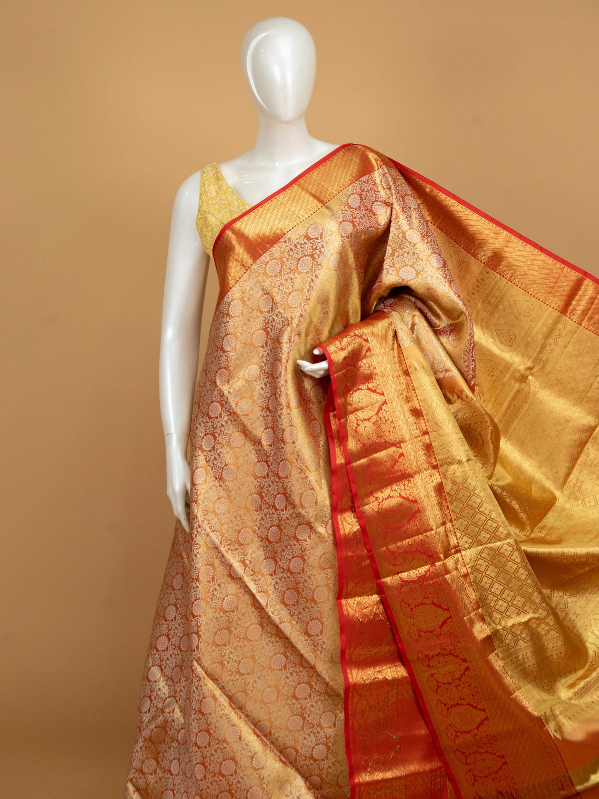 Golden mustard pure Kanchipuram silk saree with gold zari floral weave and contrast red border