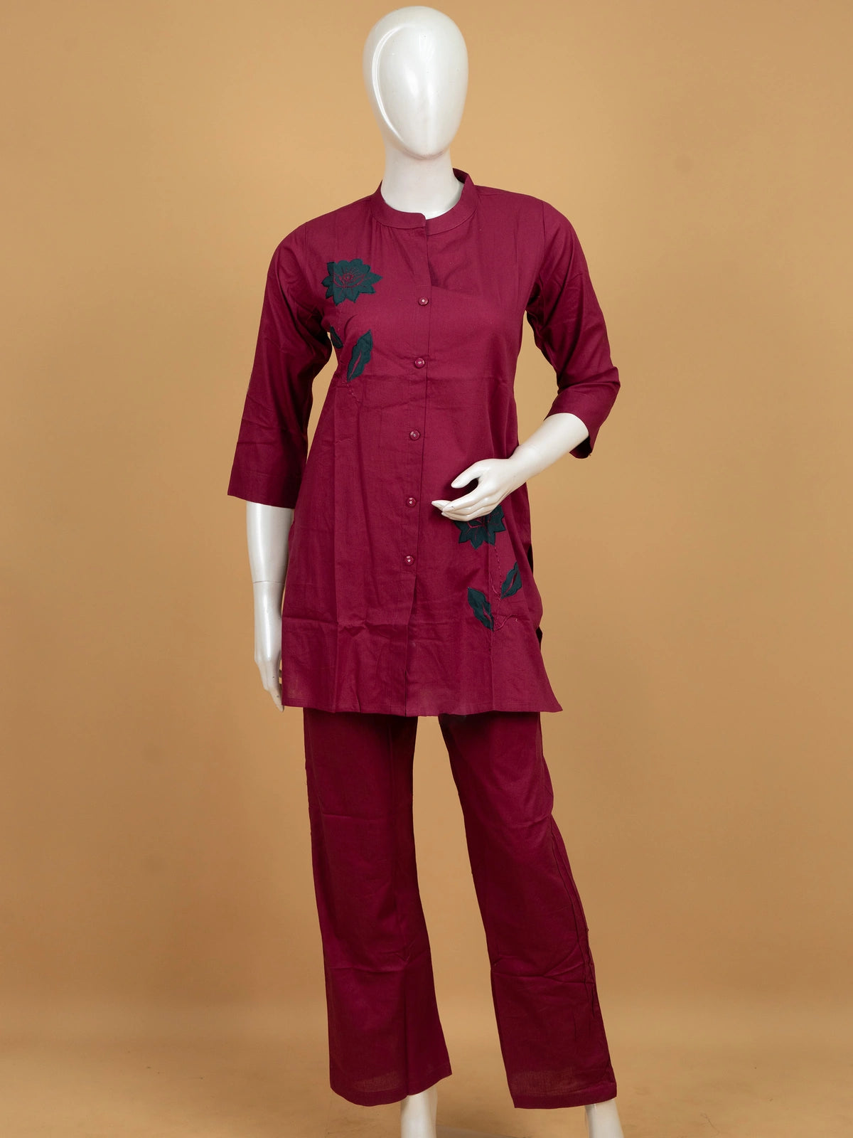 Wine cotton co-ord kurti set with green floral applique and matching straight pants