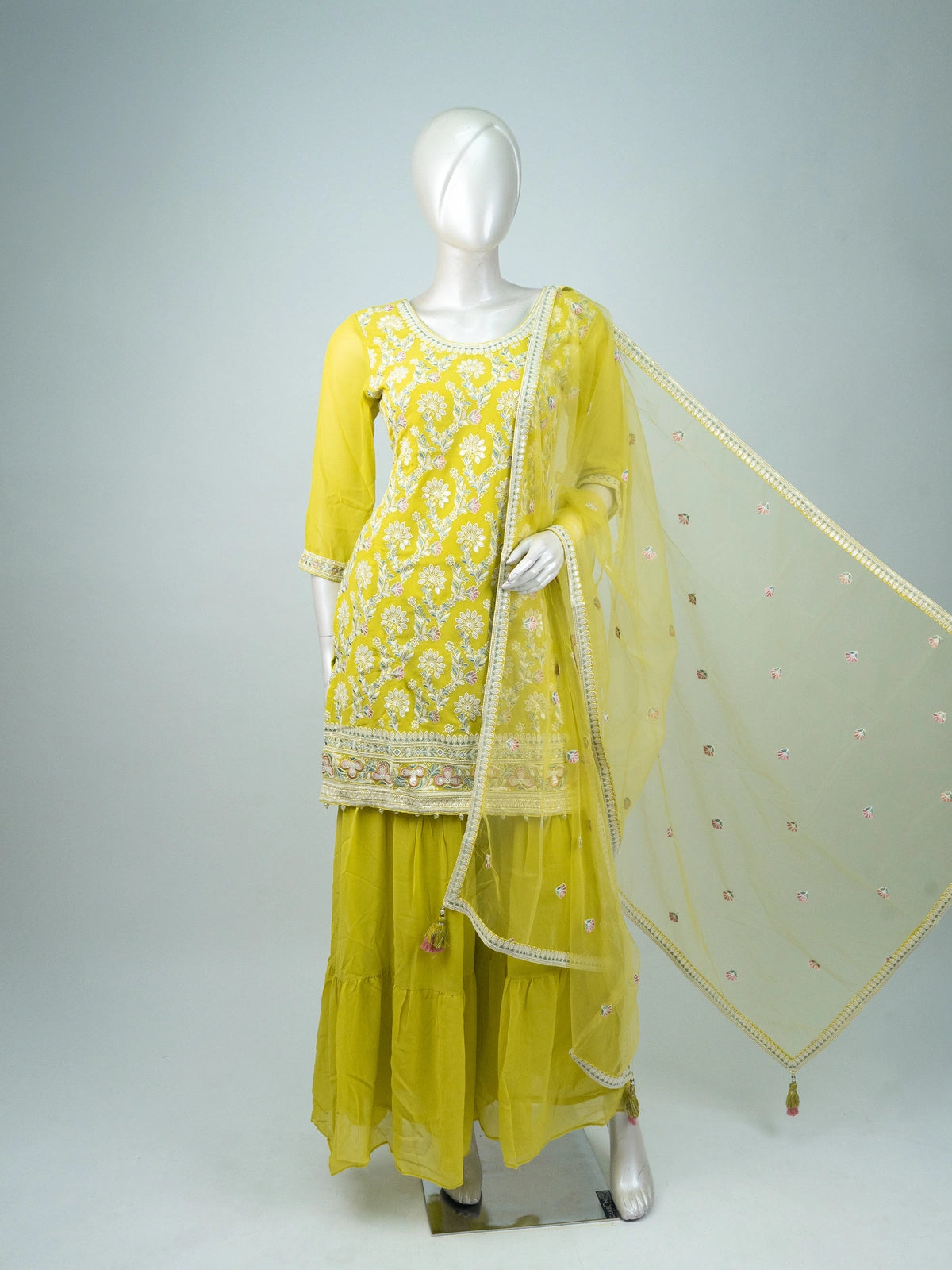 Lime Yellow Georgette Floral Embroidered Straight Cut Kurti Set with Sharara and Dupatta