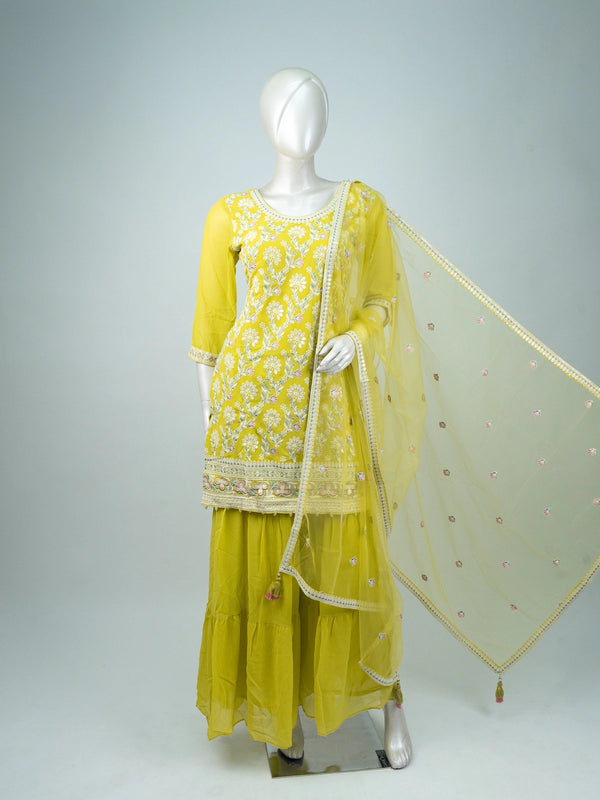 Lime Yellow Georgette Floral Embroidered Straight Cut Kurti Set with Sharara and Dupatta