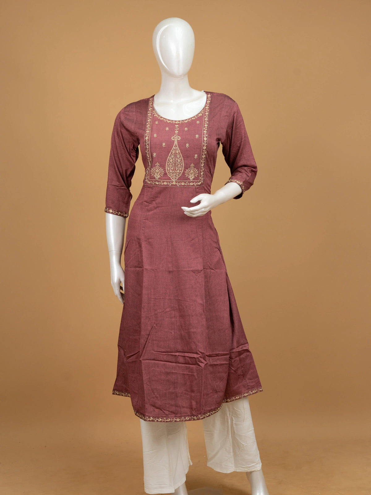 Dusty mauve zari embroidered cotton Anarkali kurti top with paisley yoke and 3/4th sleeves