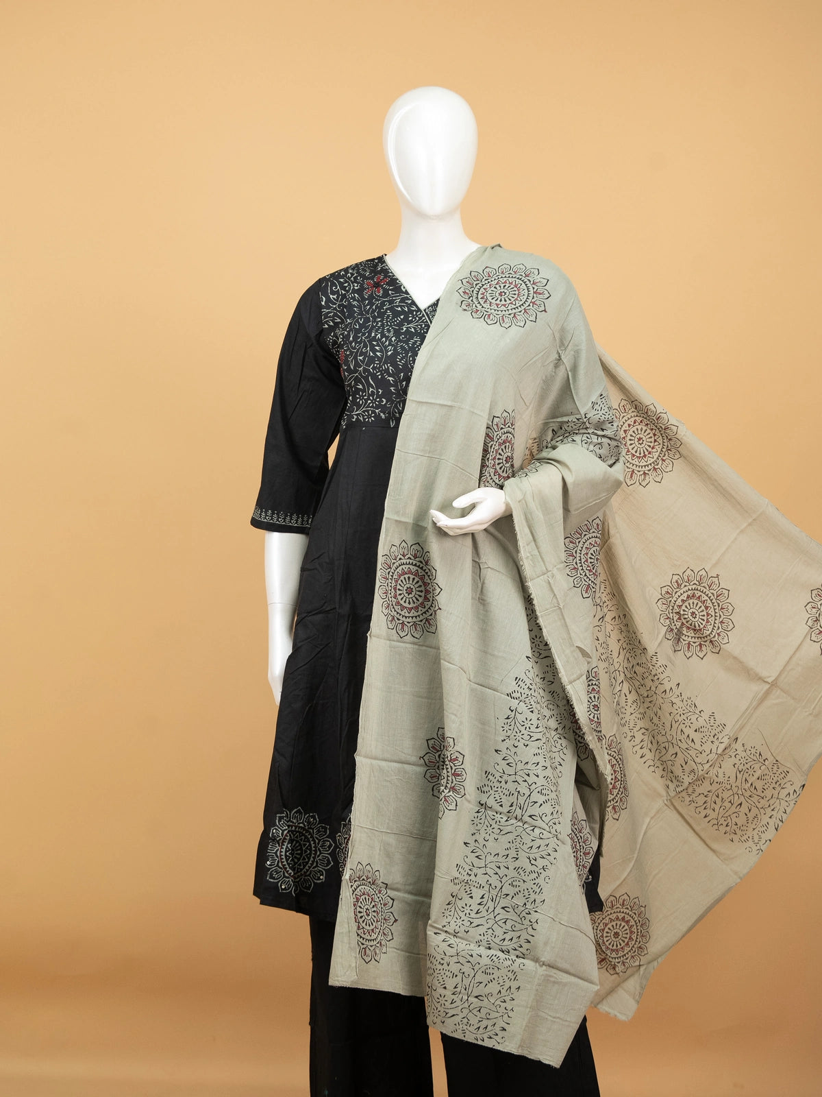 Black cotton block print mandala Anarkali kurti set with sage green dupatta