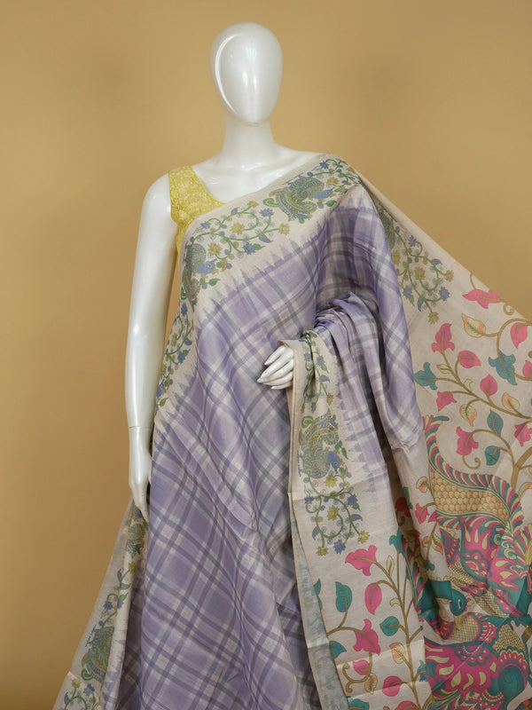 Lavender and cream checked linen cotton saree with Kalamkari peacock and floral printed pallu and border