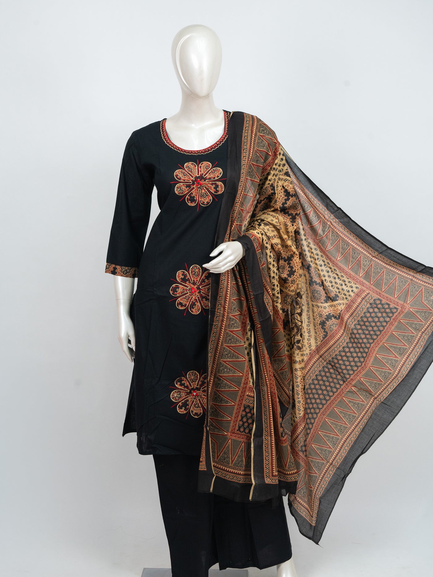 Black with Beige and Red Dupatta Ready Made Straight Cut Kurti Set