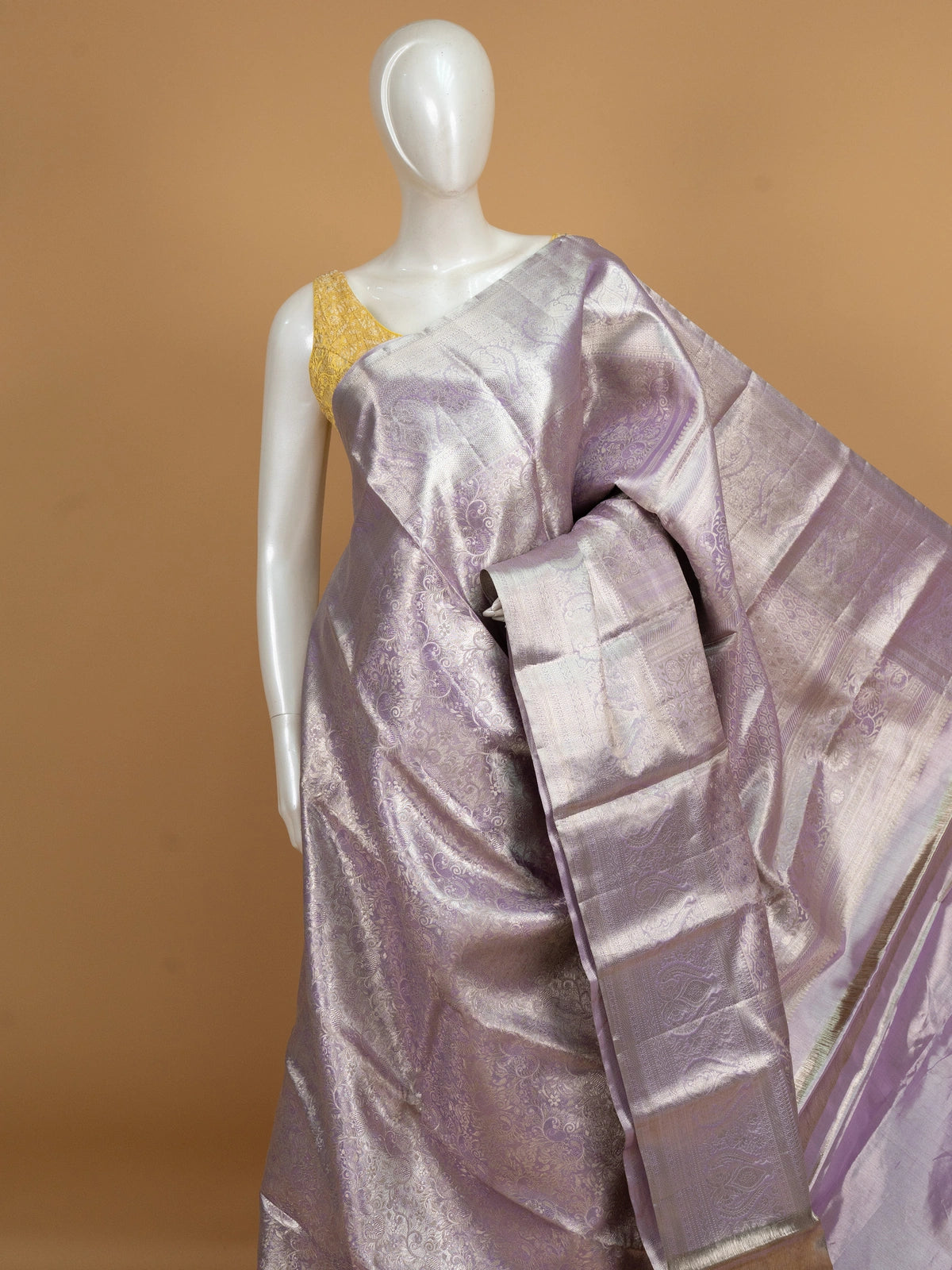 Lavender pure Kanchipuram silk saree with allover silver zari brocade and broad zari border