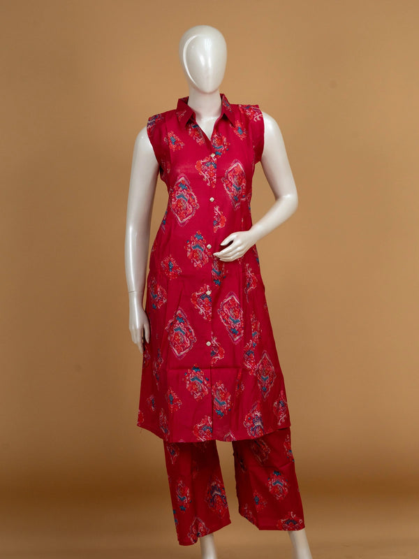 Red Ikat printed cotton sleeveless shirt-collar co-ord kurti set with palazzo pants and beige dupatta