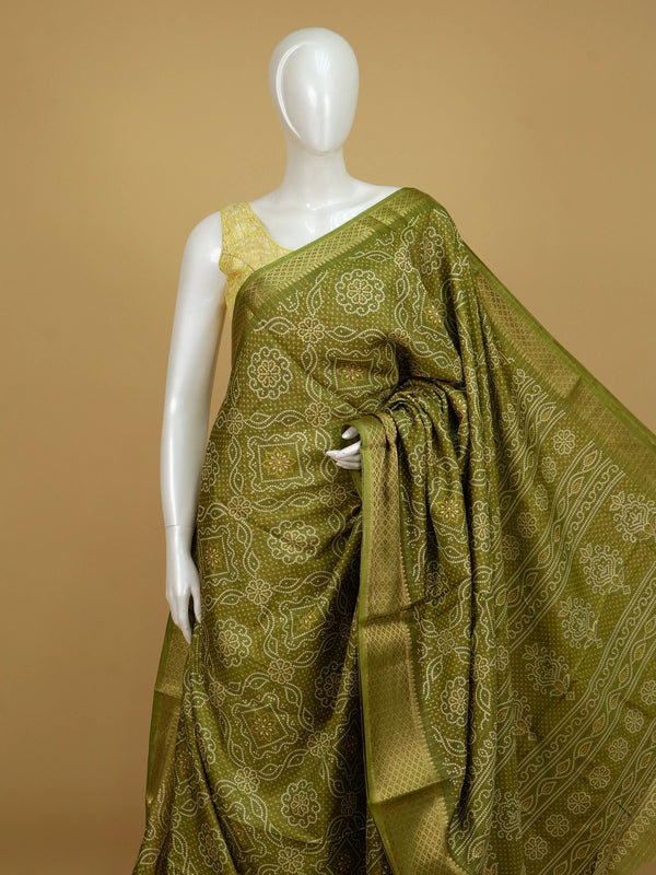 Mehndi green bandhani-print designer saree with gold zari border and matching green blouse